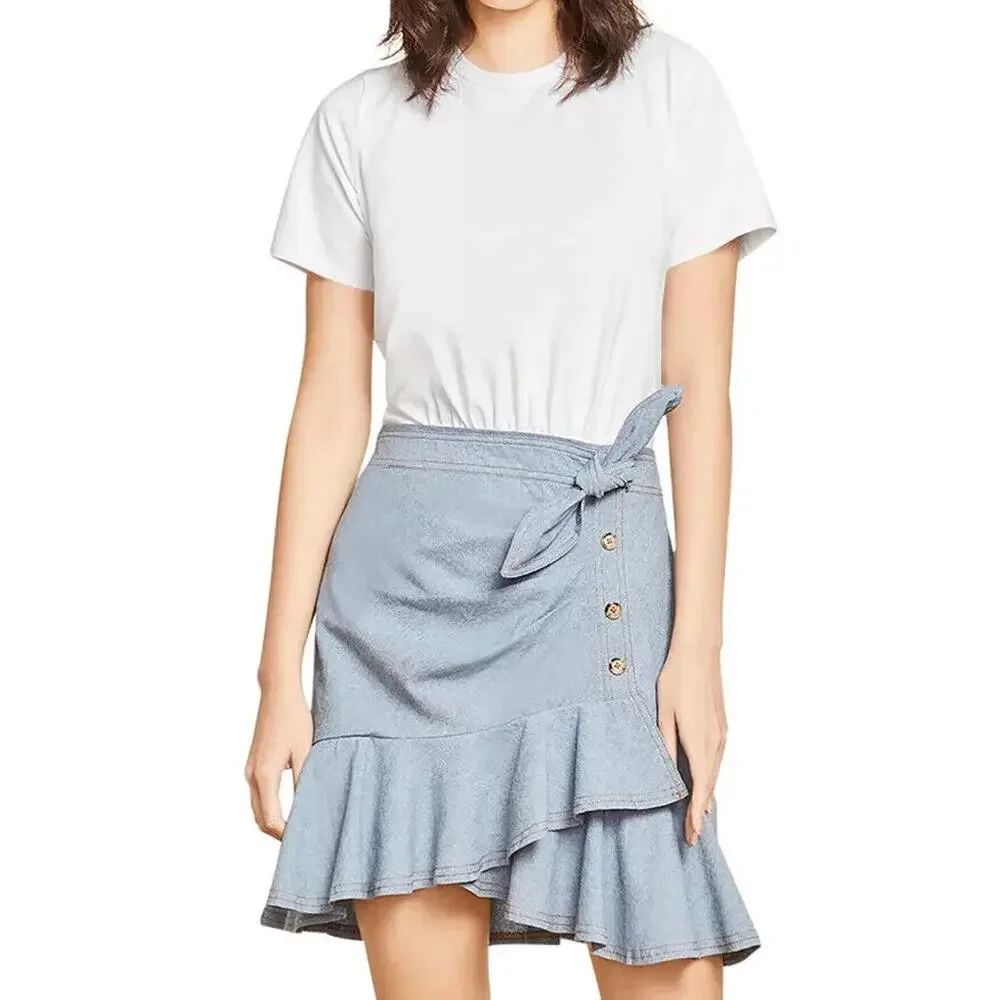 NWT Veronica Beard Chambray Bari T-Shirt Dress Tie Waist Ruffle Women's Large - Picture 3 of 15